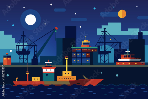 Night view of a cargo ship at the port, with container loading and unloading operations by cranes, highlighting the bustling shipping industry and global trade logistics on the sea