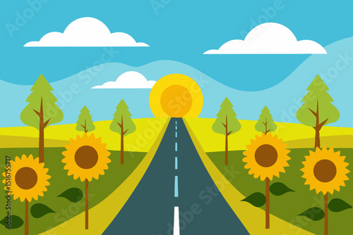Landscape of a vibrant summer sunflower field under a sunny sky with green grass and distant mountains