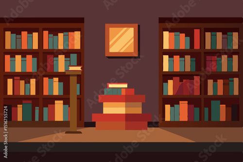 A bookshelf filled with books in a library room, featuring a collection of old literary works on wooden shelves