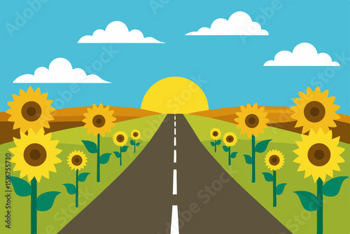 A winding country road through green summer fields under a sunny sky toward the horizon