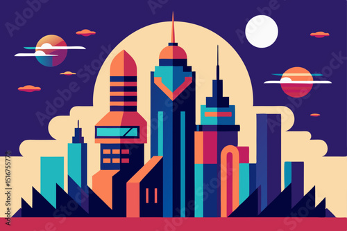 Urban night skyline with illuminated buildings and a starry sky