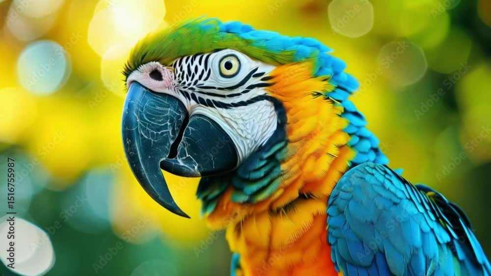 Close up of a vibrant macaw parrot with blue and yellow feathers against a blurred background Close up of a vibrant macaw parrot with blue and yellow feathers against a blurred background