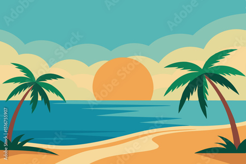 Tropical beach landscape with palm trees, ocean, and sand