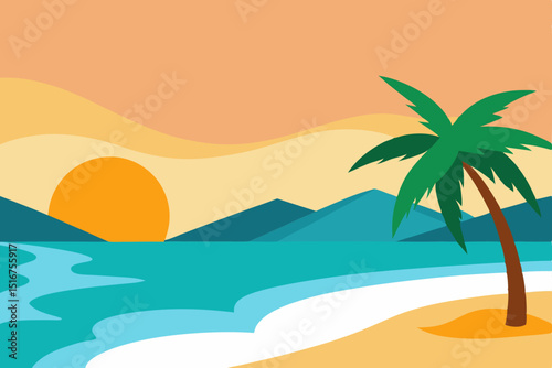 Tropical palm trees on a sandy beach with the ocean and sky