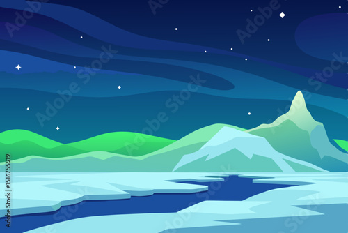 Blue winter mountain landscape with snow and ice, a cold nature design for travel