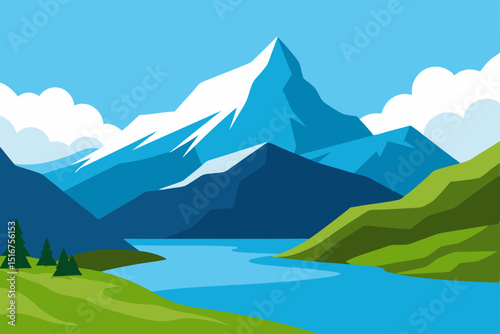Mountain landscape with lake, reflection, and snowy peaks under a cloudy sky