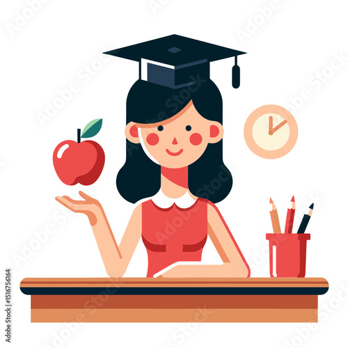 Vector illustration of a graduate woman holding an apple at a desk with a clock