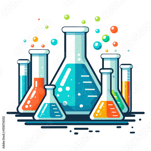 Vector illustration of glass laboratory flasks filled with colorful liquids symbolizing chemistry and science