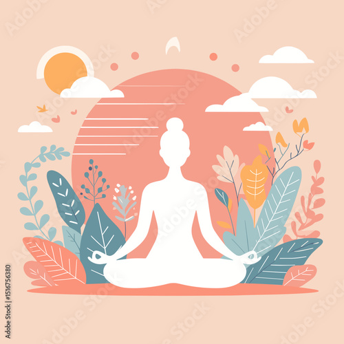 Vector illustration of a meditating person surrounded by nature, symbolizing mindfulness and relaxation