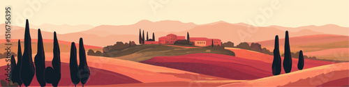 Tuscan landscape painting, rolling hills, cypress trees, Italian countryside, sunset hues, warm colors, peaceful scene, villa, rural landscape, scenic view, picturesque, artistic, art, painting.