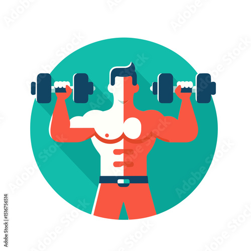 Vector illustration of a muscular man lifting dumbbells, symbolizing strength and fitness