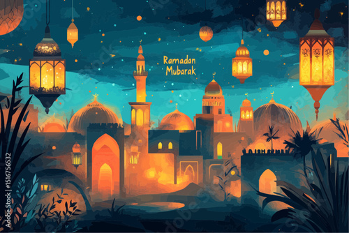 Festive Ramadan decorations and cityscape illuminated by lantern light, creating a serene atmosphere during the month of Ramadan. 
