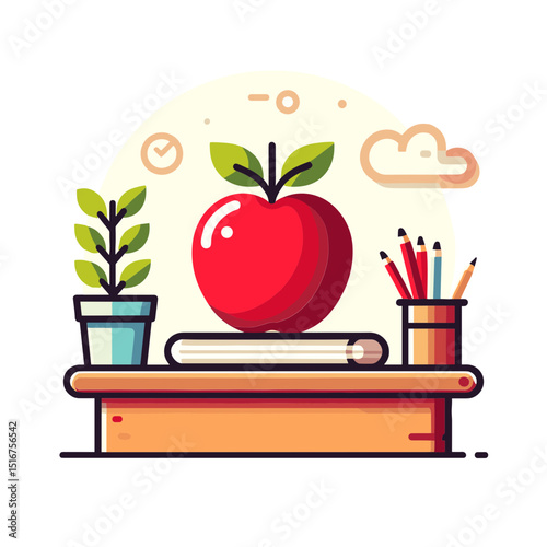 Vector illustration of an apple on a desk with plants and pencils, symbolizing education and learning