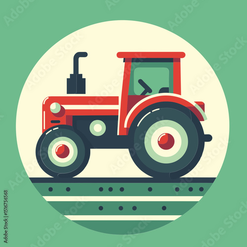 Vector illustration of a red tractor on a field, symbolizing agriculture and farming