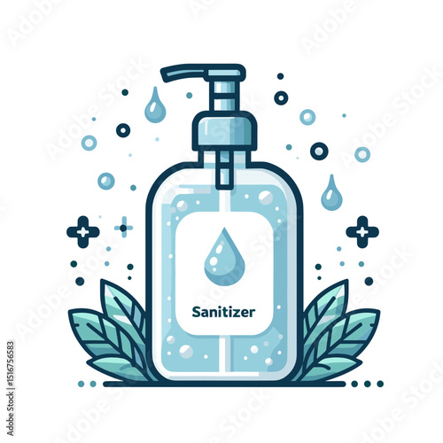 Vector illustration of a sanitizer bottle surrounded by leaves, symbolizing hygiene and health safety