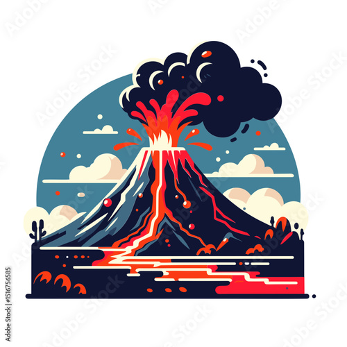 Vector illustration of an erupting volcano with lava and smoke, symbolizing geological activity and nature's power