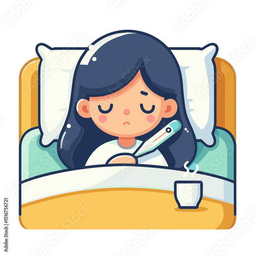Vector illustration of a girl sick in bed with a thermometer and tea, symbolizing health and care