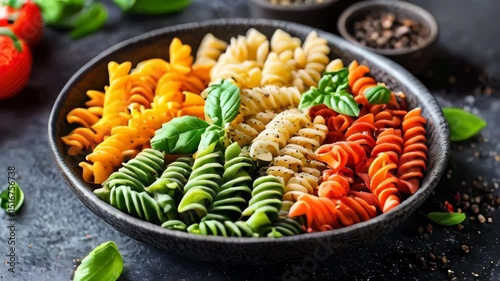 Colorful pasta in a bowl on the kitchen table.
