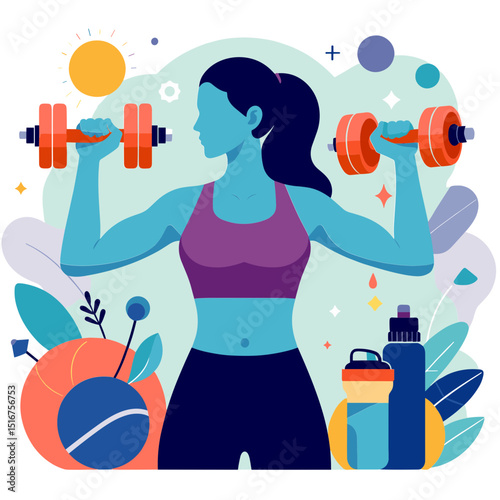 Vector illustration of a fit woman lifting dumbbells, symbolizing strength and fitness