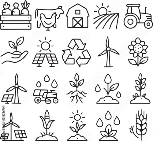 Eco Farm, Sustainable Agriculture line icon set. Vector pictograms of organic farming, animals, hens, farm house, field, field machine, planting plant, renewable energy, animals, irrigation, recycling