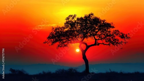 A tree against the background of the bright setting sun.