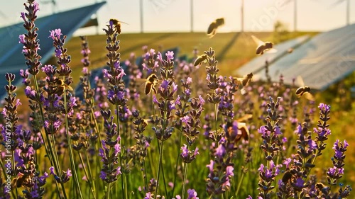 Lavender flowers with bees in sunlit solar farm field, natural harmony and green energy synergy
