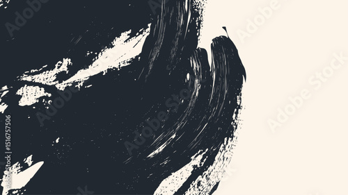 Abstract vector background with a bold black dry brushstroke on a light beige. Expressive, painterly design with a subtle grunge texture. Minimalist art.