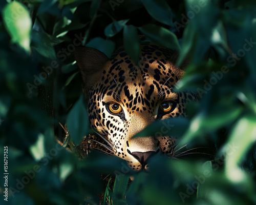 A leopard hiding in the dense jungle under the canopy of trees, its golden eyes peering through the foliage. The flickering light from the sun above highlights the cats stealth and grace in the wild.