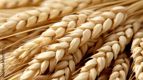 Close-up of golden wheat stalks ready for harvest, showcasing natural textures and colors photo