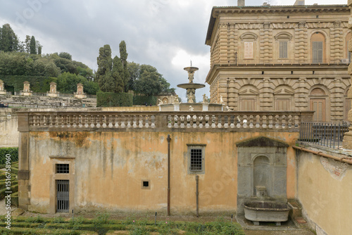 Fontana della Cipolla with layered basins and mythological figures in courtyard of Palazzo Pitti, Boboli Gardens, Florence, Italy. photo