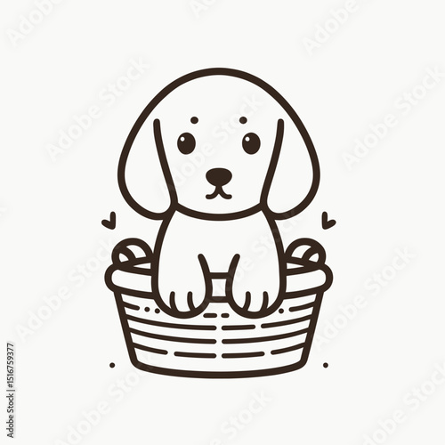 Beagle puppy sitting in a basket with cute expression  