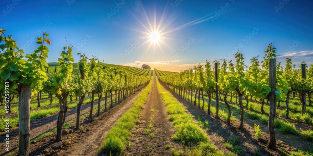 Naklejka premium Sunlit Vineyard Rows at Golden Hour A Serene Path Through Lush Grapevines Under a Radiant Sun