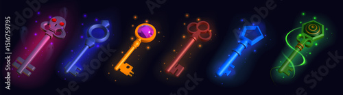 Key chain. Keychain ring, metal or silver keyring for car or house fob. Pendant, tag holder, circle or round. Magic game elements with gemstones. Glowing render objects. Vector mockup