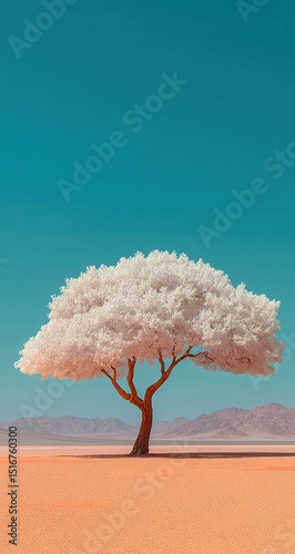 White tree in the desert, blue sky, minimalist, pastel colors, mobile wallpaper, high resolution, detailed, beautiful, elegant, dreamy