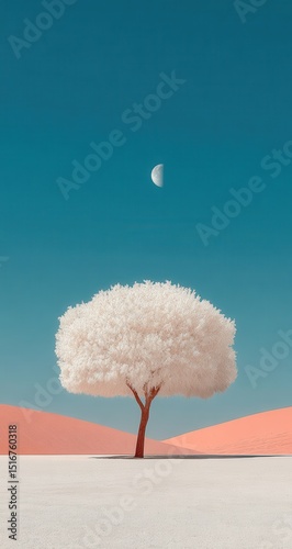 White tree in the desert, blue sky, minimalist, pastel colors, mobile wallpaper, high resolution, detailed, beautiful, elegant, dreamy