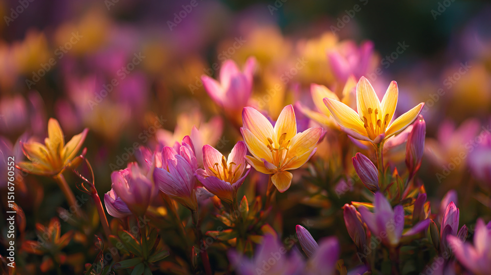 Fototapeta premium A close up shot of a field of pink and yellow flowers with a blurred background in soft lighting