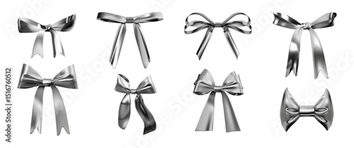 Vintage bow. Y2k halftone satin decorative ribbon, girly grunge shape for coquette collage or aesthetic punk tattoo. 3d isolated silver glossy elements for design. Vector graphic effect