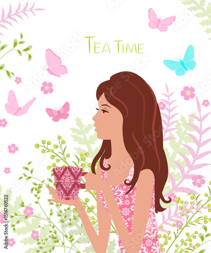 young woman holding a cup in summer garden.profile girl with a mug surrounded by flying butterflies. cozy card tea time