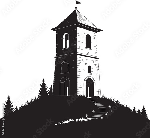 Stone tower on hilltop with trees silhouette isolated on white background.
