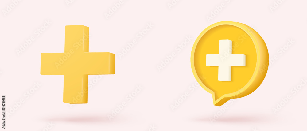 3d plus sign icon on speech bubble .First aid and health care with minimal. Medical symbol of emergency help. Hospital and medical diagnostics. 3d assistance icon vector render illustration