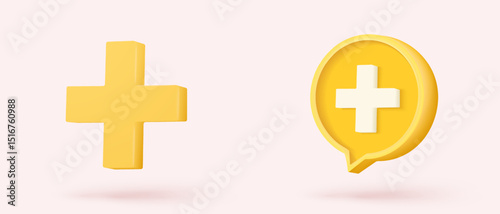 3d plus sign icon on speech bubble .First aid and health care with minimal. Medical symbol of emergency help. Hospital and medical diagnostics. 3d assistance icon vector render illustration