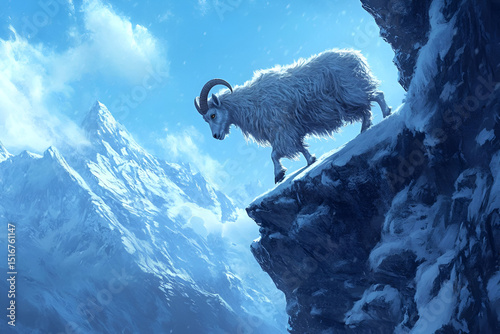 A mountain goat navigating the rocky cliffs of a steep mountain pass, its hooves gripping the jagged edges. The cold, blue-toned sky and rugged terrain emphasize the goat's resilience and agility.