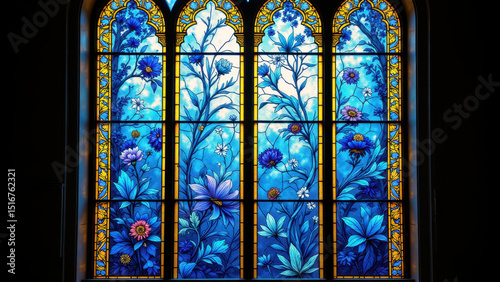 A stained glass window with floral patterns in a church setting.