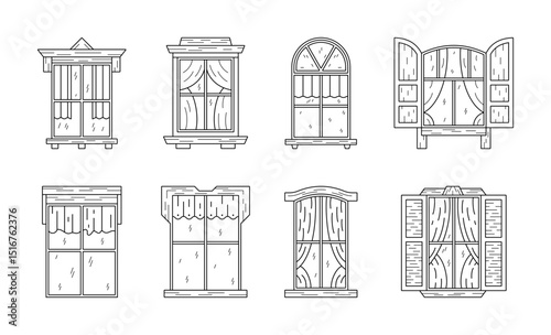 Doodle window. Black and white sketch open on building wall. Home outline shutters. Curtains inside house. Glass casements. Architecture construction windowsill. Vector line graphic set