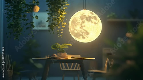 Interior scene with moon pendant light and plants