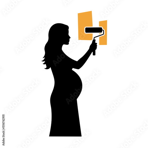 Pregnant woman painting wall with roller in silhouette style  
