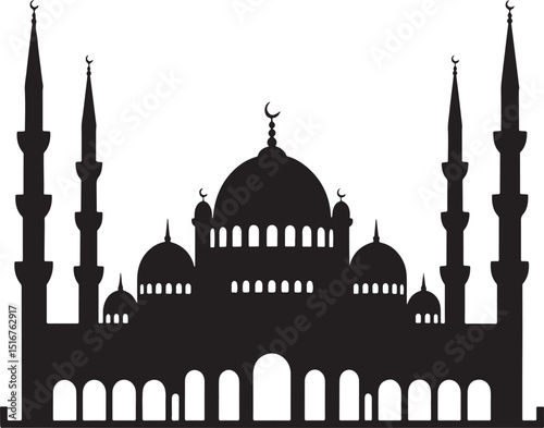 Black silhouette of a mosque isolated on white background.