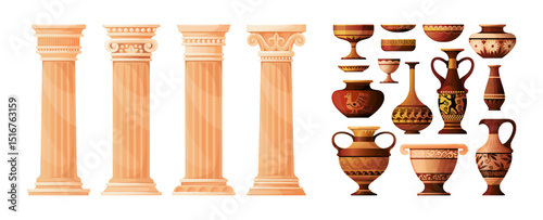 Roman column. Ancient Greek vase. Greece Athens museum amphora with vessel. Acropolis ruin colonnade. Marble pillar. Antique jar pottery. Vector cartoon architectural antiquities set