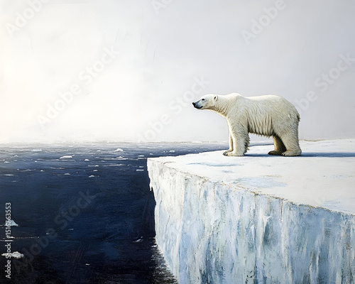 A polar bear standing at the edge of a melting ice shelf, gazing out over the open ocean. The vast emptiness of the Arctic landscape emphasizes the bear's struggle to adapt