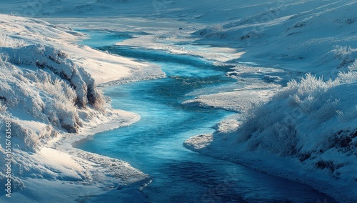 A blue river of water flowing through the snowy landscape, an arctic scene on a sunny day. Close-up, beautiful photography, stunning.